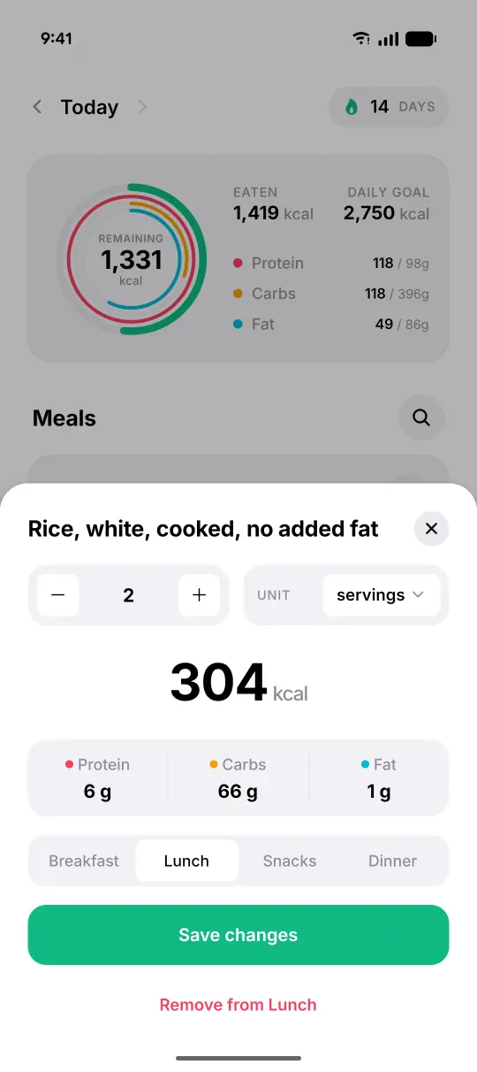 KcalRing's food detail sheet: white rice, 2 servings, 304 kcal, with protein, carbs and fat, a meal picker and Save changes