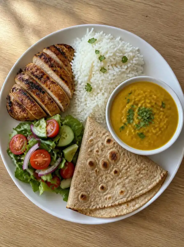 A plate seen from above: grilled chicken, white rice, a bowl of dal, roti and a garden salad, with the foods labelled as KcalRing finds them