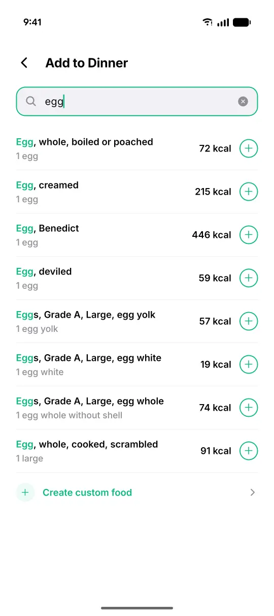KcalRing's food search: typing egg shows boiled, creamed, Benedict, deviled and scrambled eggs with calories per egg, and Create custom food